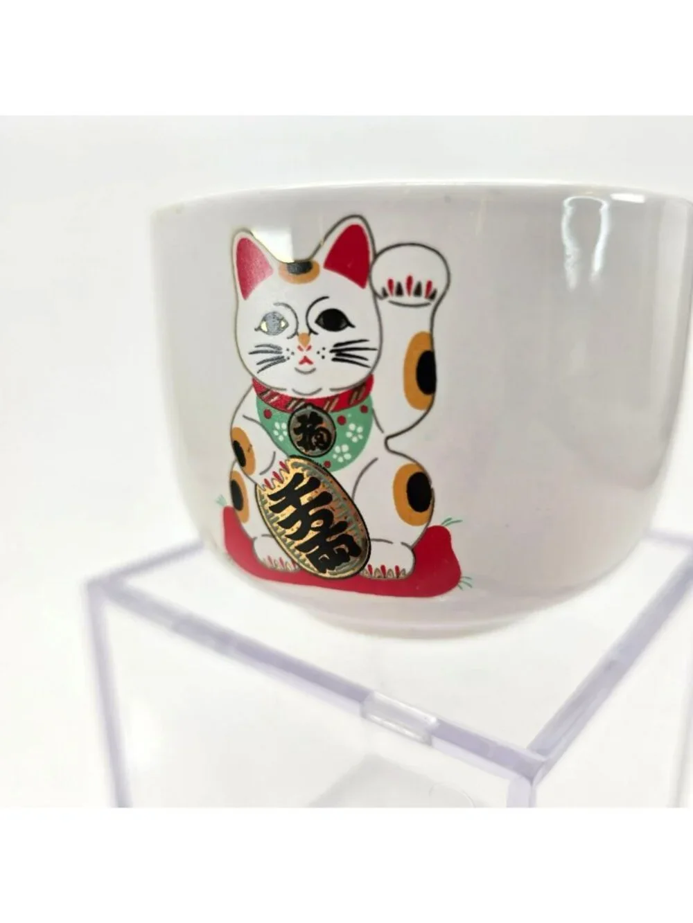 Vintage Japanese Lucky Cat Ceramic Bow Cup For Tea or Rice je195